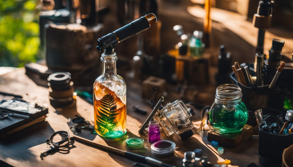 A DIY Dab Rig made from a glass bottle and torch surrounded by crafting supplies and nature photography.