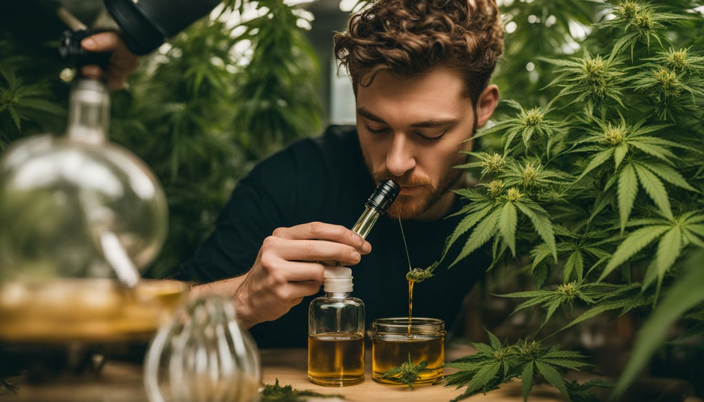 A person using a dab rig to take a hit of dab oil in a cannabis-filled environment.