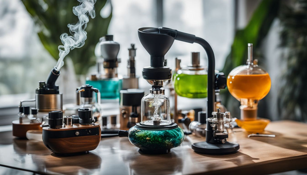 A variety of dab rigs and vaporizers displayed on a modern glass table with swirling smoke.