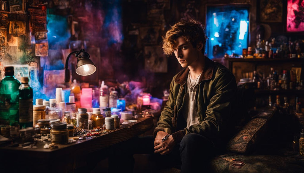 A young man surrounded by drug paraphernalia in a dimly lit room.