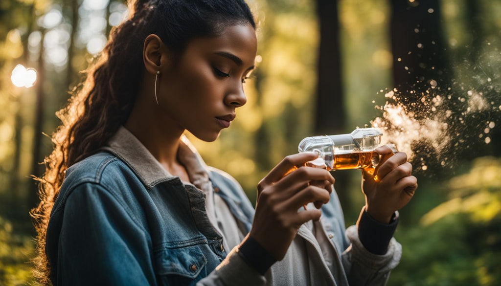 A person enjoying a dab rig in nature with diverse surroundings.