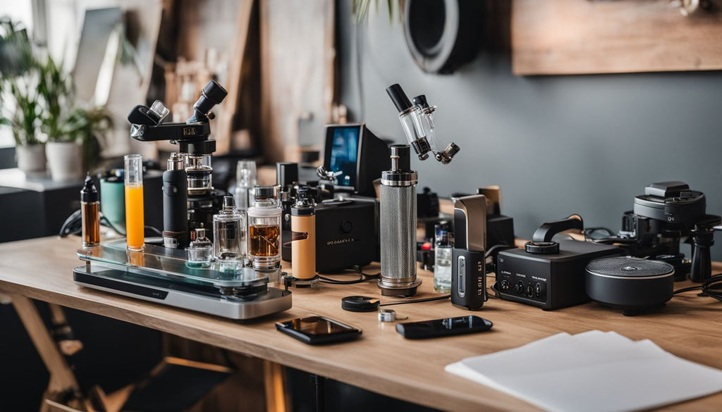 Various dabbing rigs and vaporizer equipment displayed on a modern tabletop.