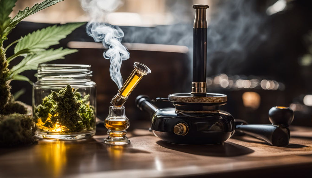 A close-up of cannabis smoking accessories and products in a still life.