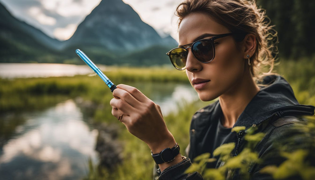 A person using a dab pen in a scenic outdoor setting.