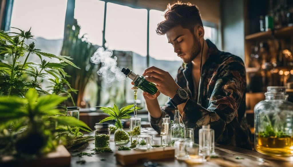 A person using a dab rig to inhale cannabis concentrate.