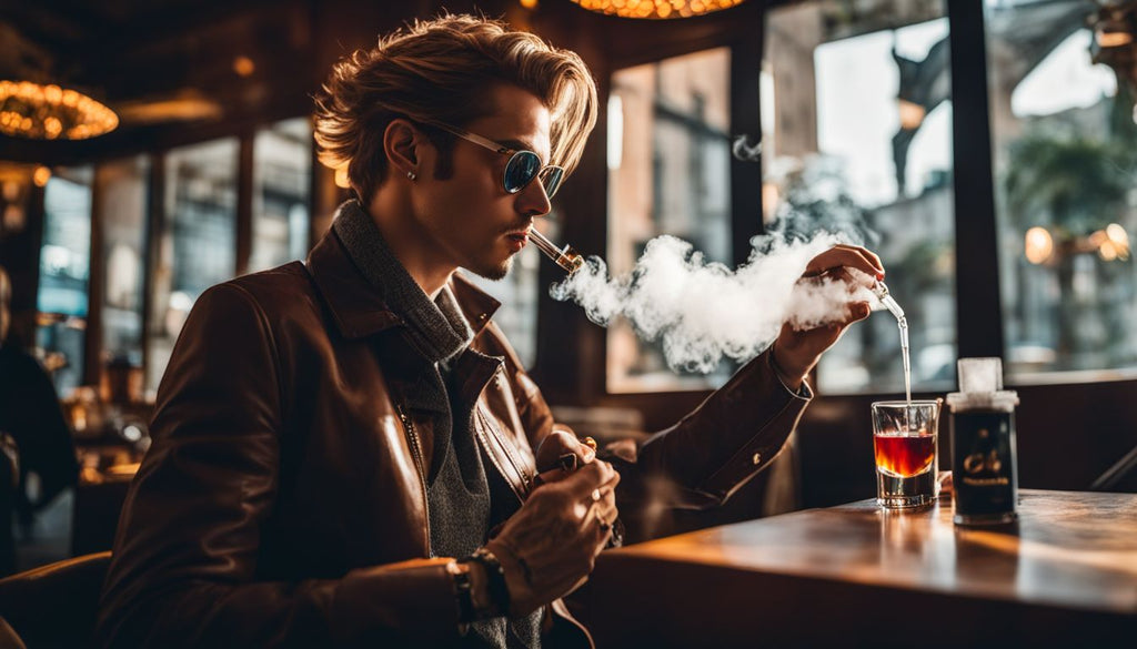 A person using a dab rig in a stylish smoking lounge.