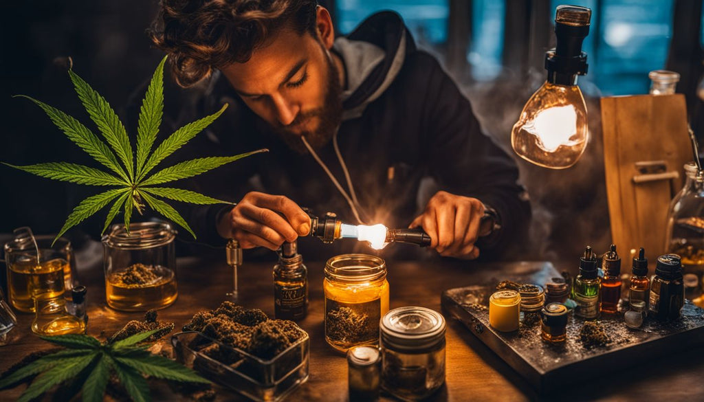 A person heating a dab rig surrounded by cannabis concentrates and oils.