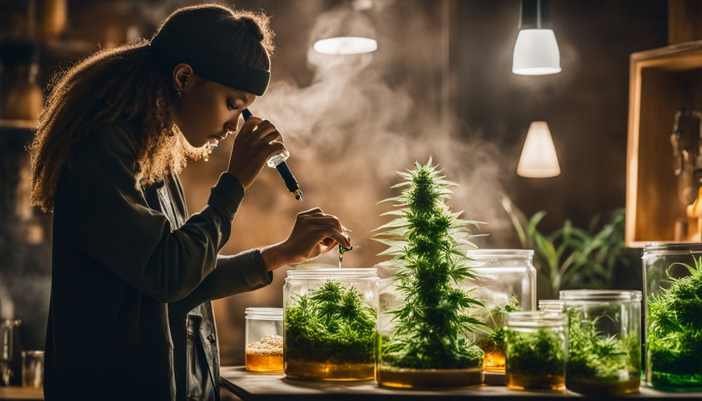 A person using a dab rig with cannabis concentrates in a modern setting.