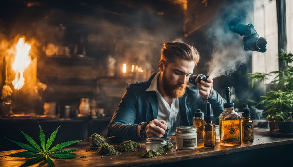 A person dabbing with a blowtorch surrounded by cannabis concentrates.