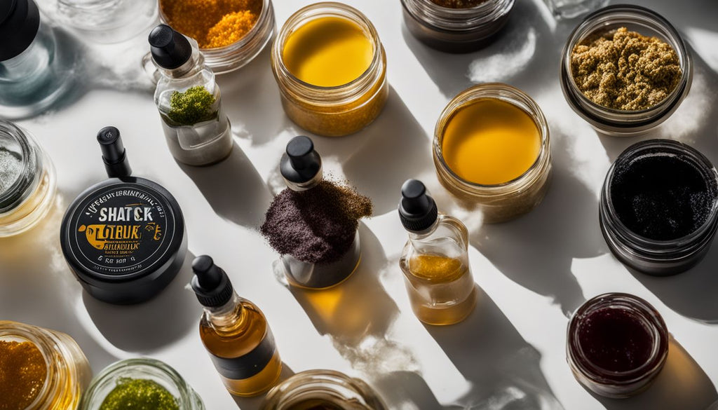 A variety of cannabis concentrates and extracts displayed on a countertop.