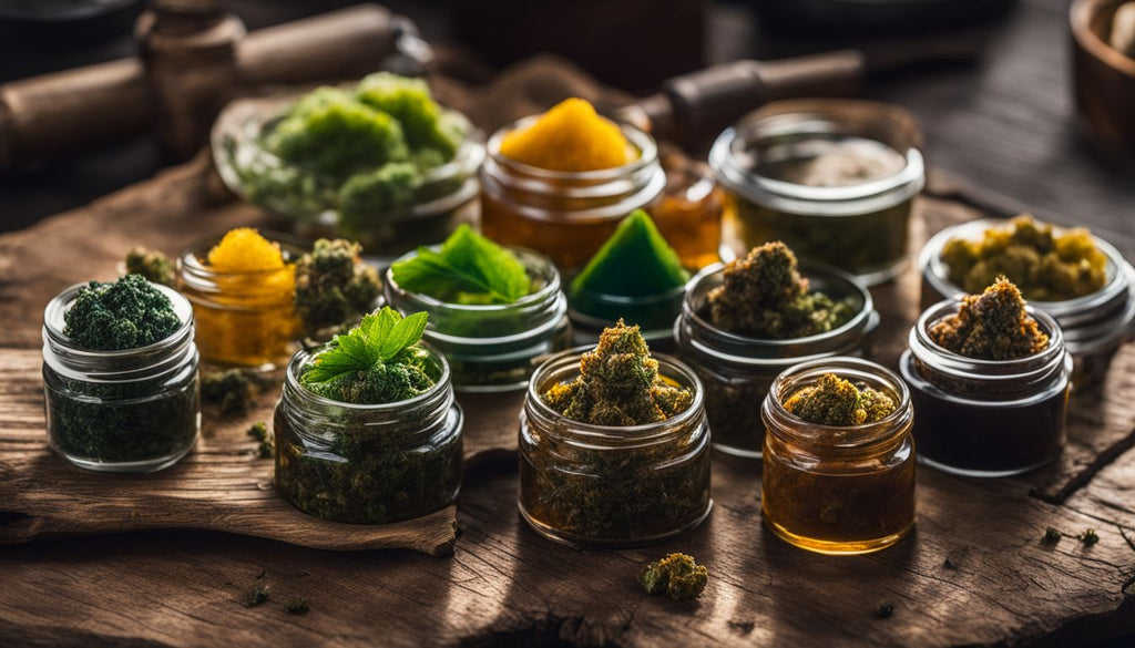A variety of cannabis dabs displayed on a rustic wooden table.