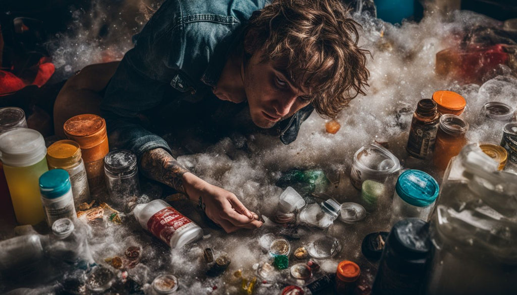 A distressed person surrounded by drug paraphernalia in urban setting.