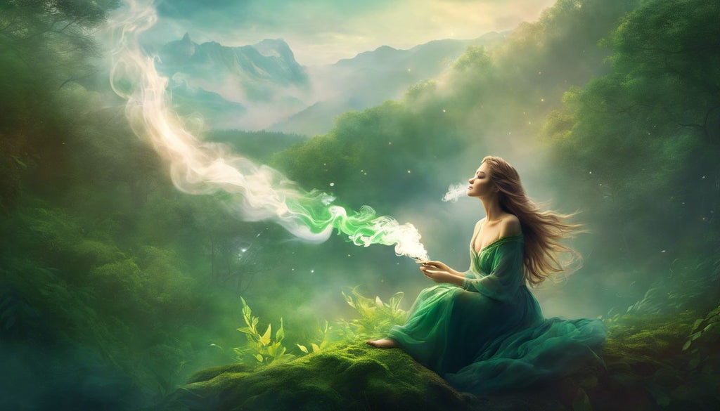 A person exhales smoke in a serene nature setting.