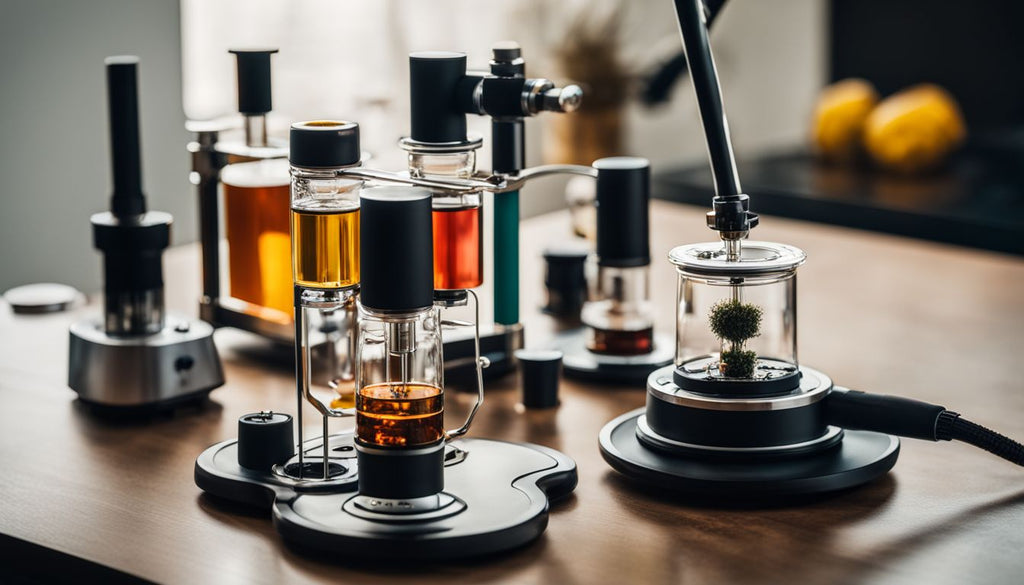 A clean, modern dab rig set up with a variety of concentrates.