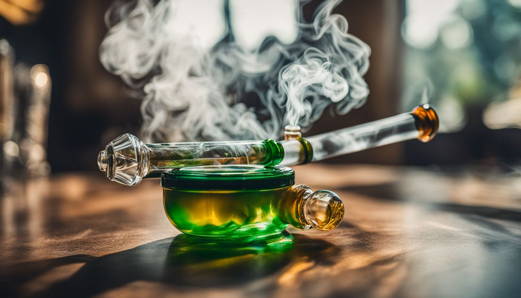 A glass pipe with a dab of cannabis concentrate surrounded by smoke.