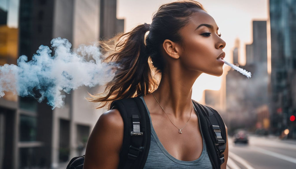 A professional athlete vaping in an urban city setting.