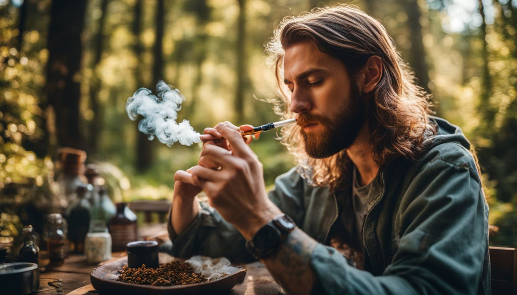 An individual using a nectar collector to smoke dabs in a cozy outdoor setting.
