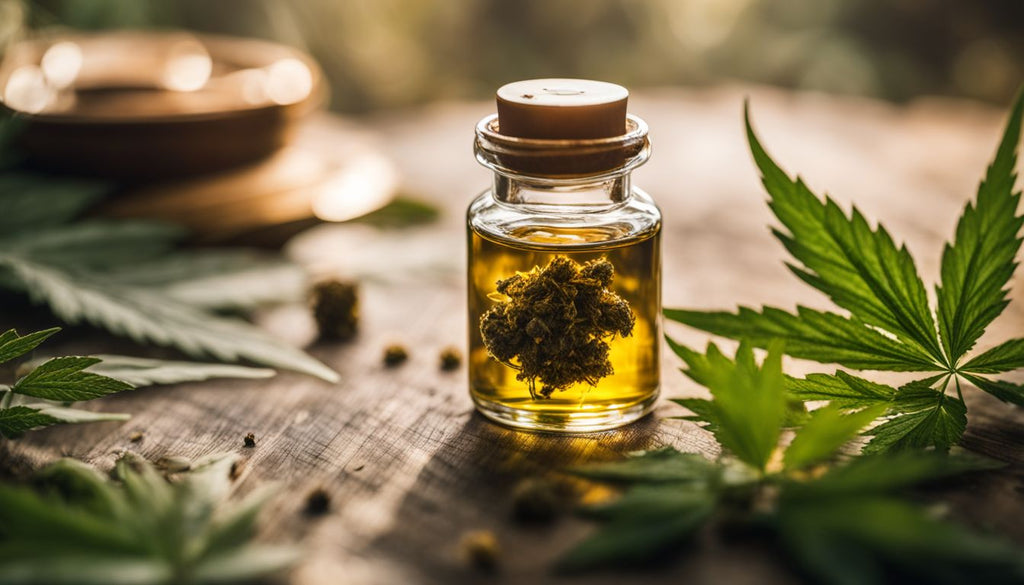 A glass vial of golden hash oil surrounded by cannabis leaves.