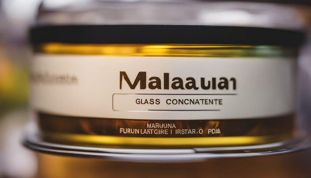 A close-up of a glass marijuana concentrate container with a warning label.