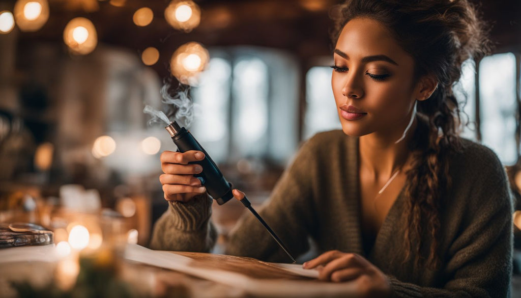 A person enjoying a dab pen indoors in various outfits.
