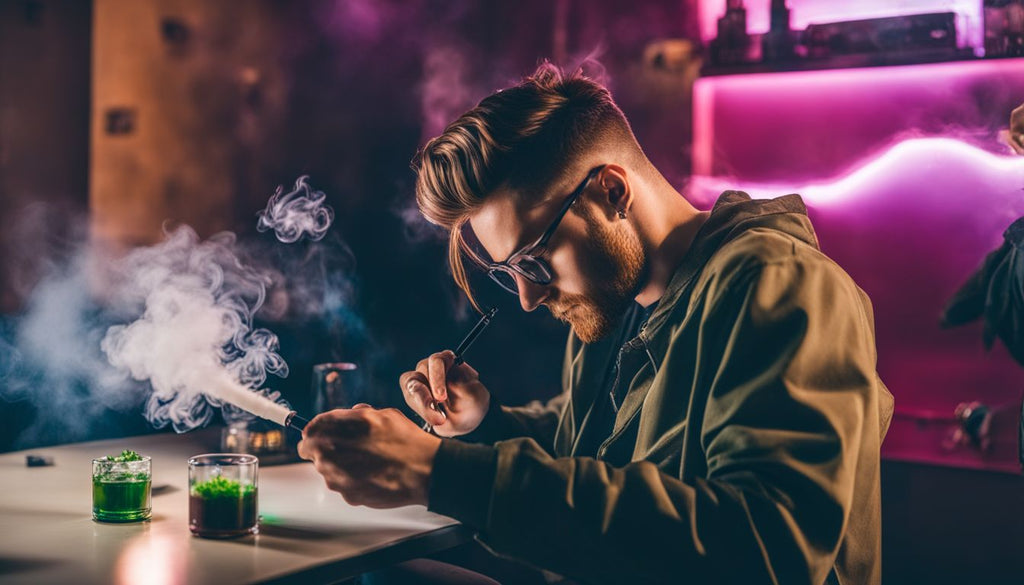 A person using a dab pen to smoke marijuana concentrate in an urban setting.
