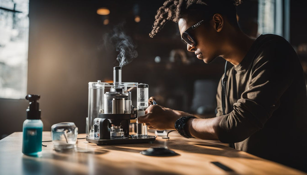 A person using a dabbing rig with a vaporizer in a modern environment.