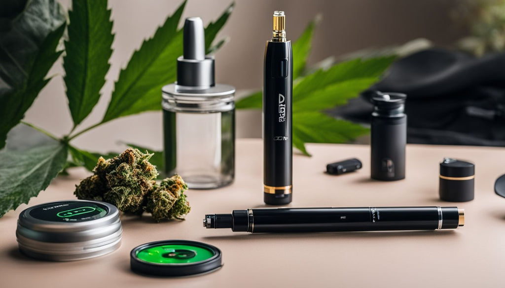 A dab pen surrounded by cannabis concentrates and a battery.