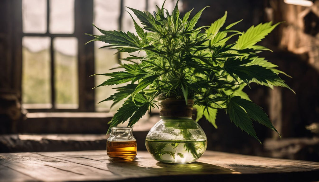 A bong and cannabis plant on a rustic table.