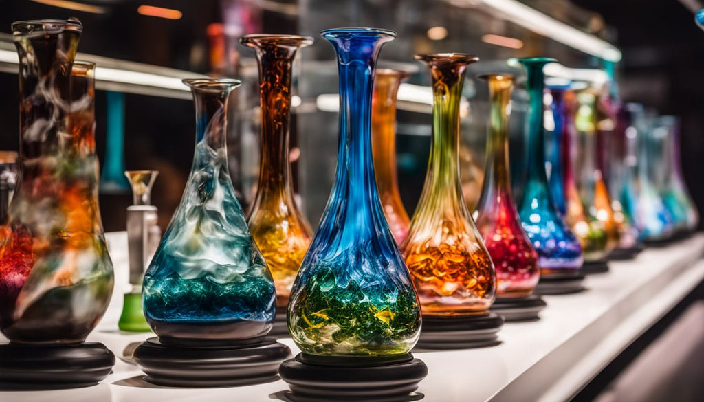 A display of colorful bongs on a modern glass shelf.