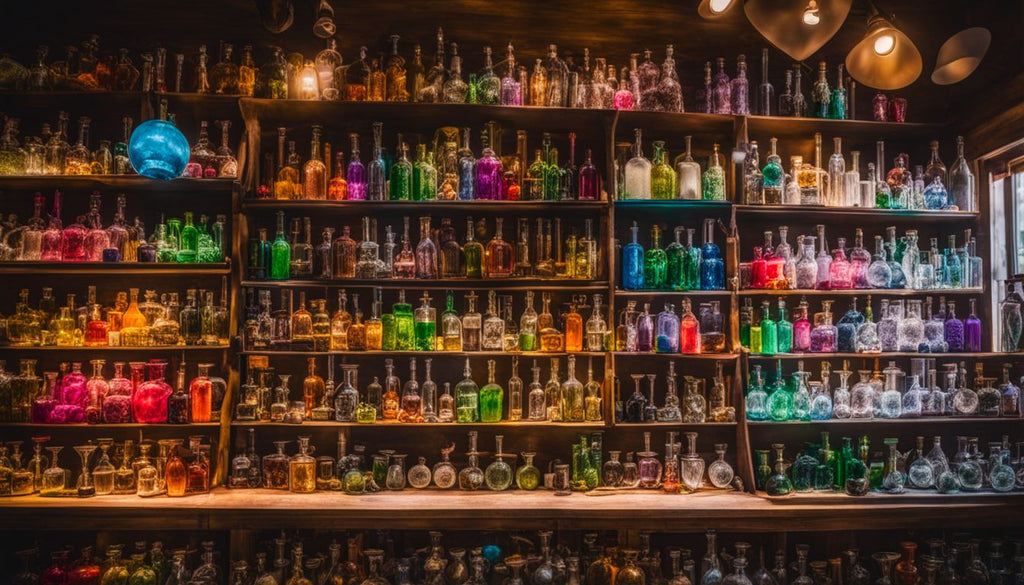 A display of various bongs in a vibrant, well-lit smoke shop.