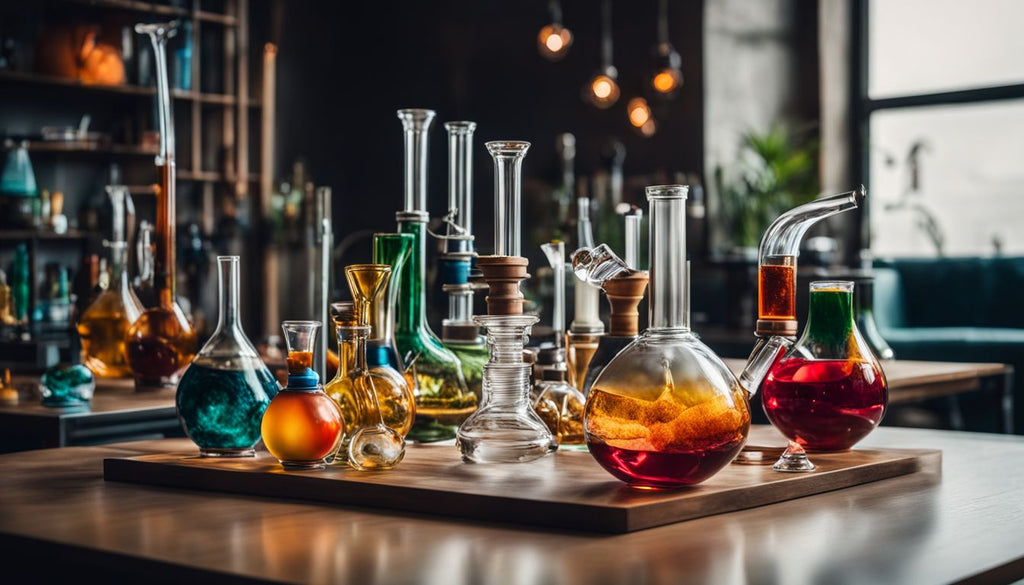 A collection of vibrant bongs displayed on a modern table.