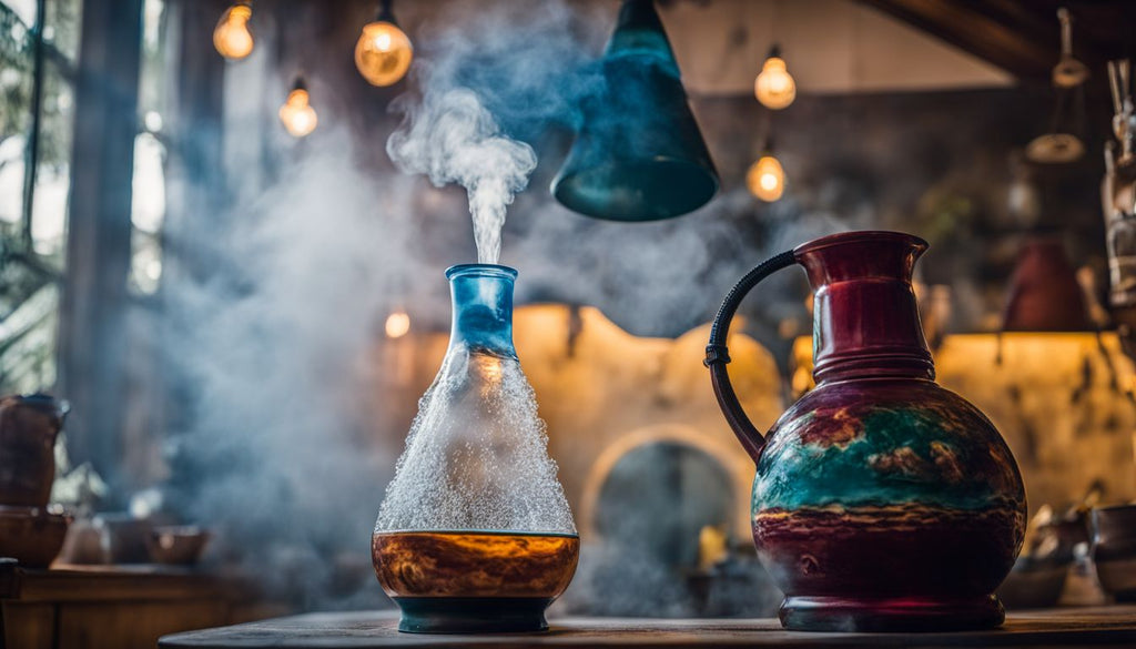 A bong filled with water and a smoke cloud above.