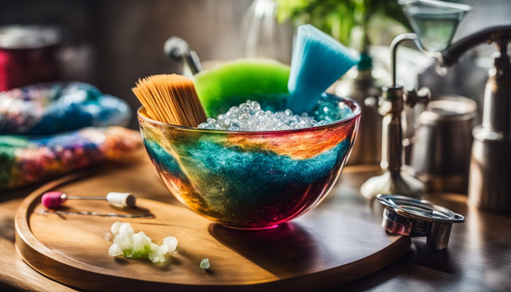 A clean bong bowl surrounded by cleaning supplies in a vibrant still life.