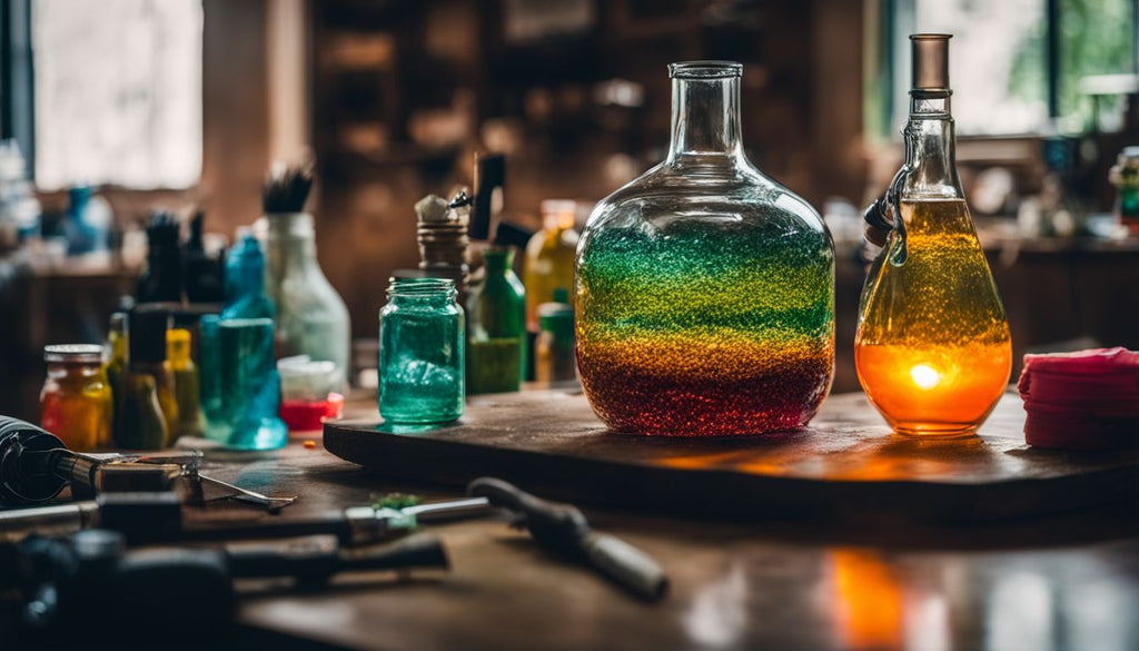 A glass bottle being transformed into a bong in a DIY craft environment.