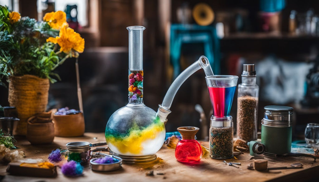 A homemade bong surrounded by crafting materials and diverse individuals.