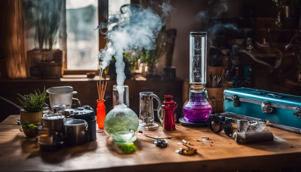 A homemade bong surrounded by various household items in a bustling atmosphere.