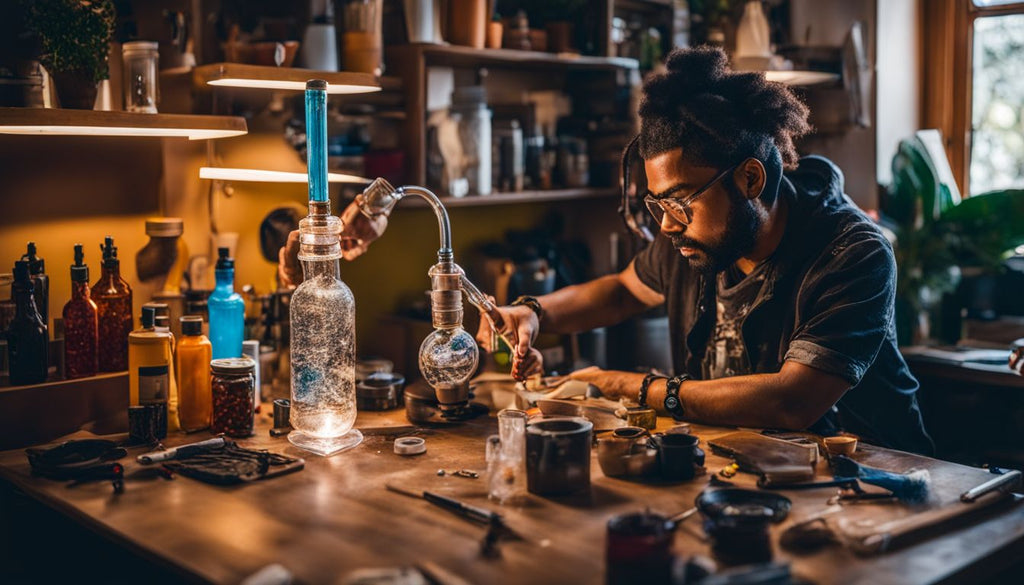 A person making a water bong at a DIY workstation surrounded by household items.