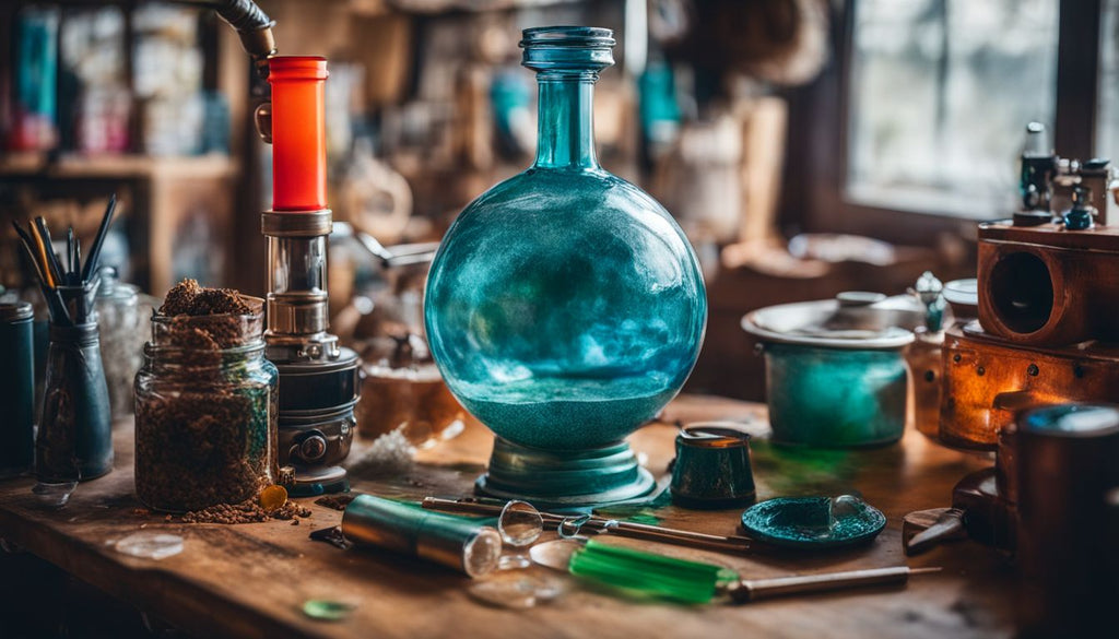 A homemade bong surrounded by crafting materials in a vibrant setting.