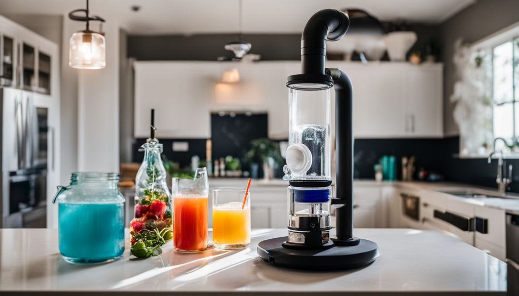 A DIY gravity bong setup in a well-lit kitchen with different people.