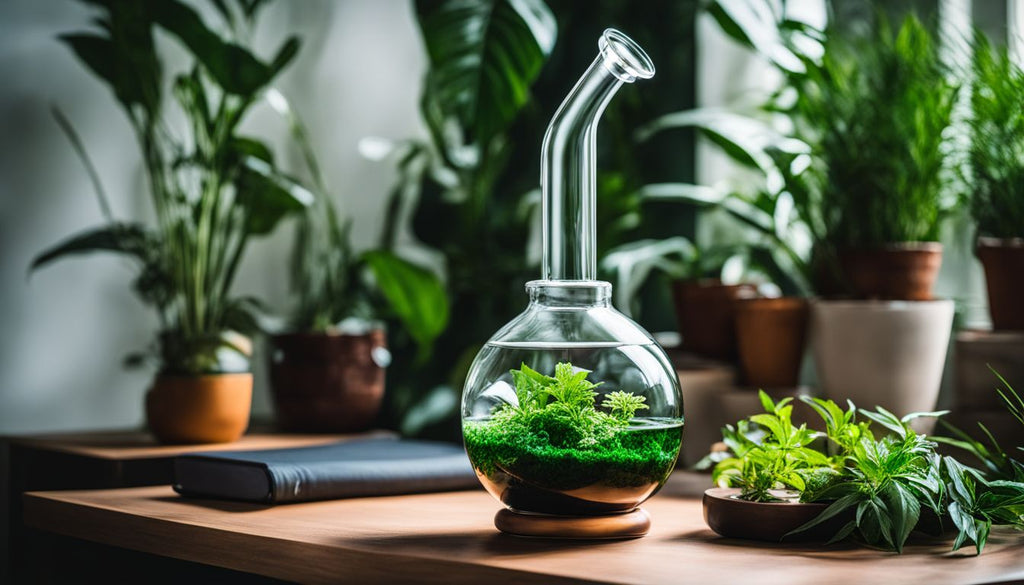 A modern bong on a glass table surrounded by lush plants.