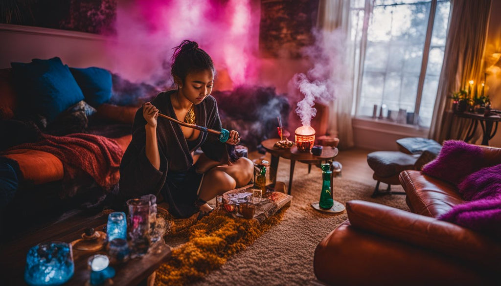 A person enjoying a hit from a bong in a cozy living room.