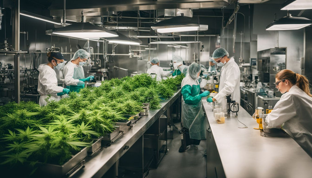 A cannabis extraction lab with equipment and workers in action.