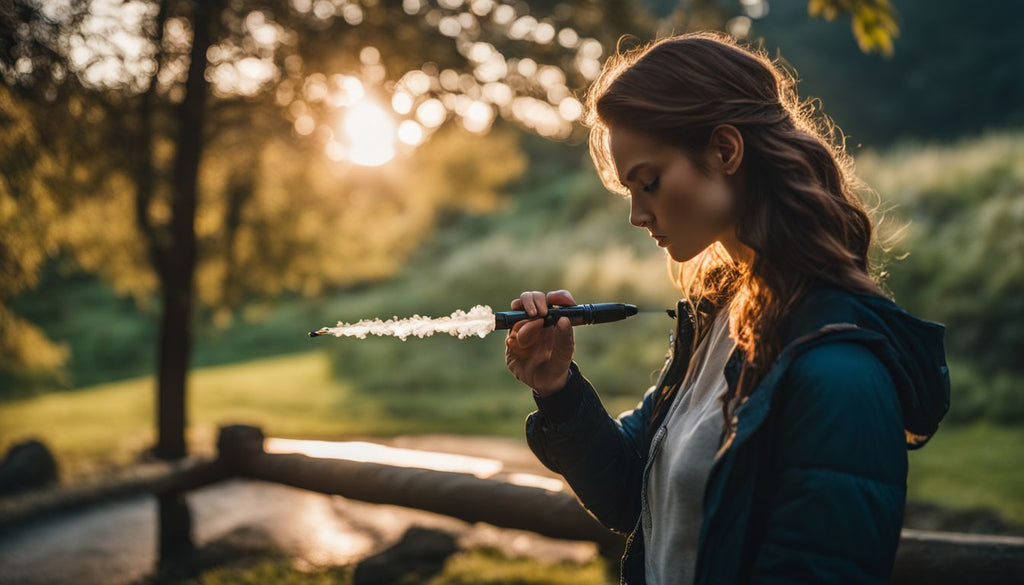 A person using a dab pen in a scenic outdoor setting.