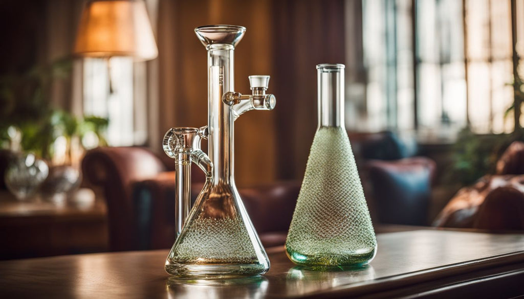 A sparkling clean glass bong on a well-lit tabletop.