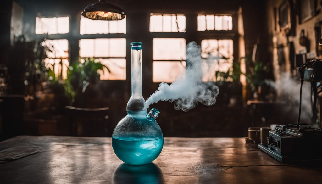 A bong surrounded by smoke in a dimly lit room with different people.