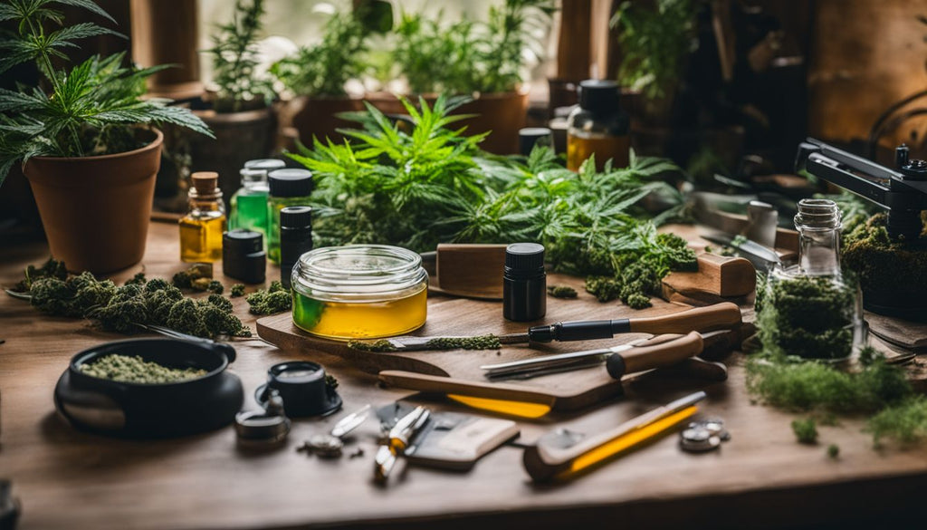 A table with dab-making tools surrounded by cannabis plants and nature.