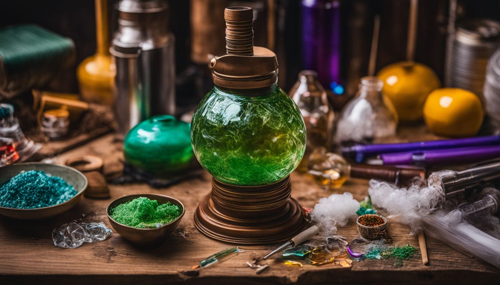 A homemade bong surrounded by crafting materials and DIY photography.