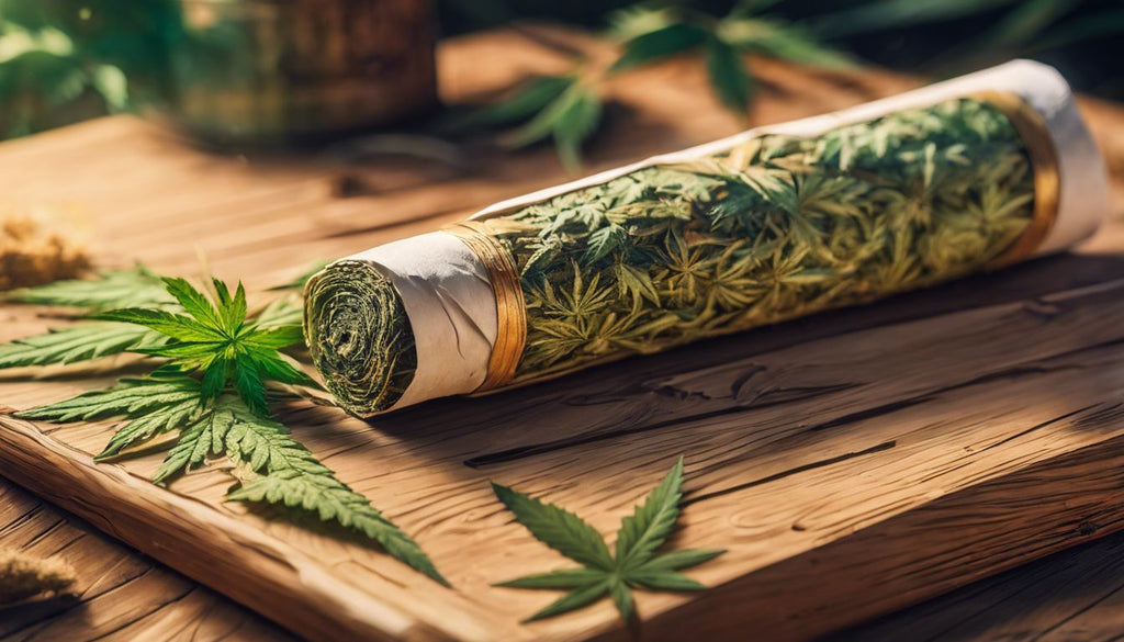 A hand-rolled joint and scattered cannabis on a wooden surface.