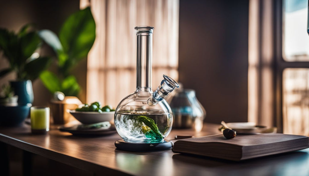 A clear glass bong on a modern tabletop ready for use.
