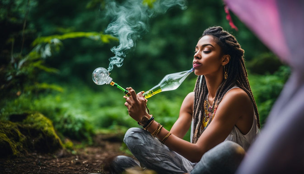 A person enjoying a hit from a bong in a colorful, bustling environment.